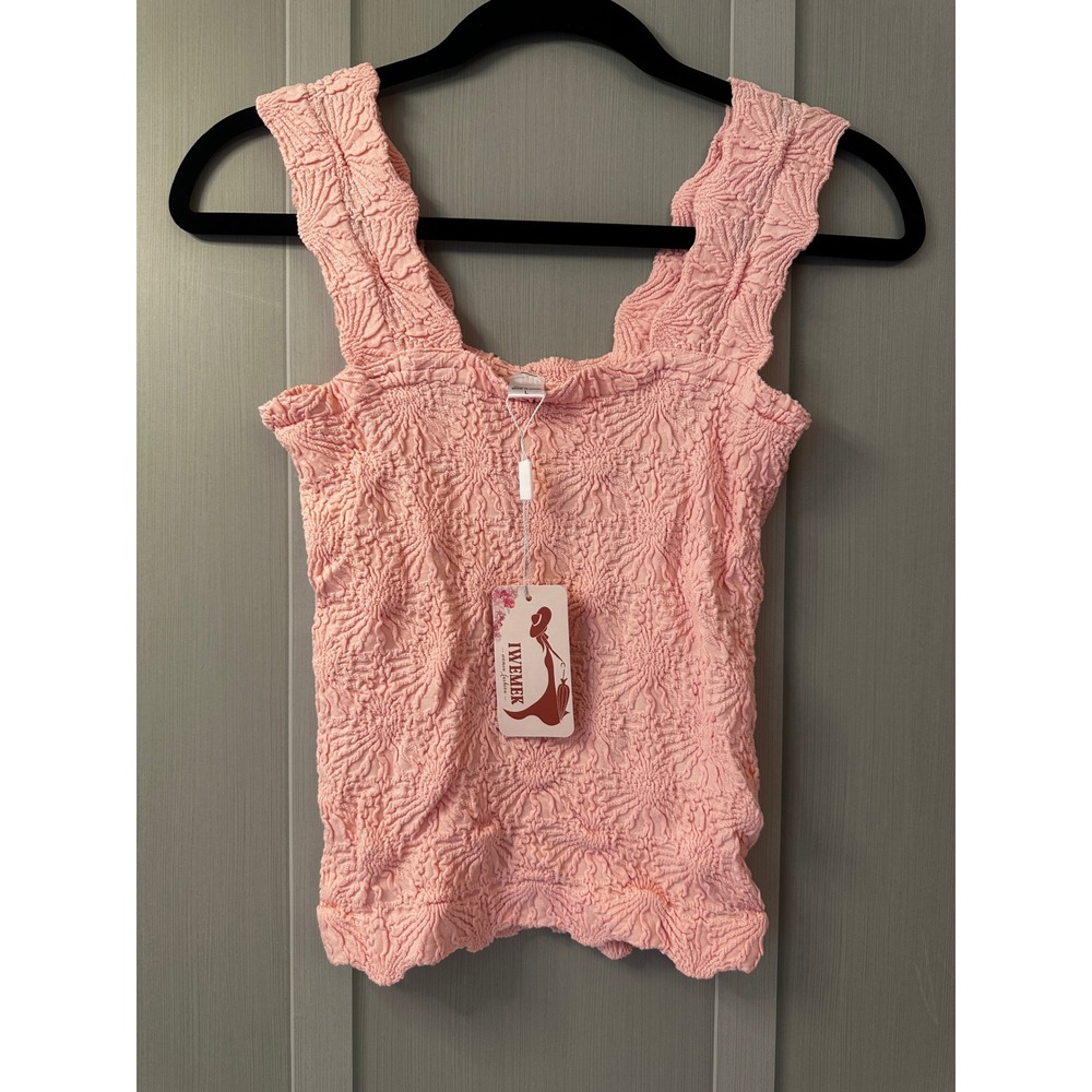 IWEMEK Pink Popcorn Textured Tank Top Crinkle 3D Floral Stretch Sleeveless L